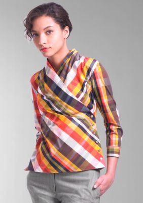 Liz Claiborne New York Dandelion Plaid Crossover Poplin Shirt