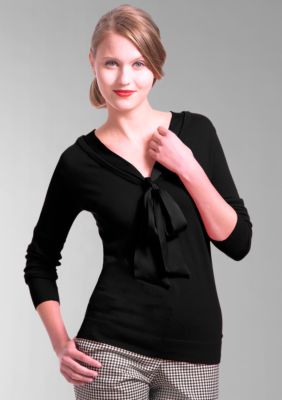 Liz Claiborne New York Silk and Cashmere Stretch Ribbed Sweater With Bow