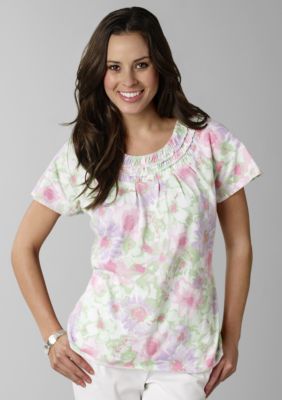 Kim Rogers&reg; Petite Smockneck Printed Knit with Flutter Sleeves