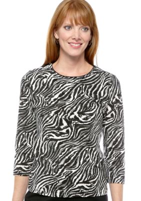 Kim Rogers Petite Color Block Zebra Grey Printed T-Shirt with 3/4 Sleeves 