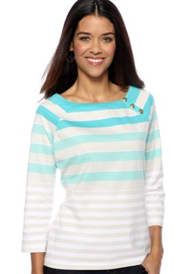 Kim Rogers&reg; Petite Three Button Boat Neck Stripe Top