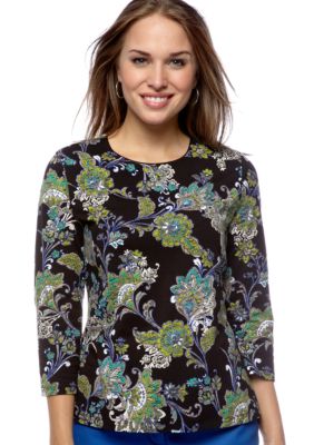 Kim Rogers Petite Long Sleeve Brocade Print Tee