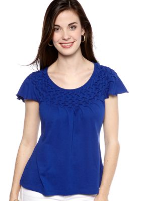 Kim Rogers Petite Flutter Sleeve Top with Smocked Neckline