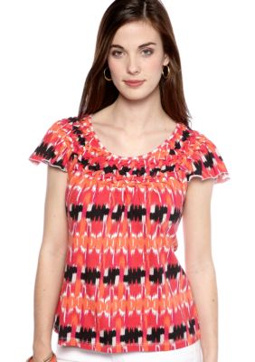 Kim Rogers Petite Flutter Sleeve Top with Smocked Neckline