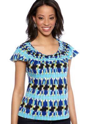 Kim Rogers Petite Flutter Sleeve Top with Smocked Neckline