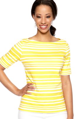 Kim Rogers&reg; Petite Stripe Elbow Sleeve Boat Neck Tee
