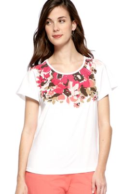 Kim Rogers Petite Short Sleeve Bloom Print Peasant Top
