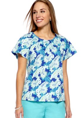 Kim Rogers Petite Short Sleeve Paisley Print Peasant Top