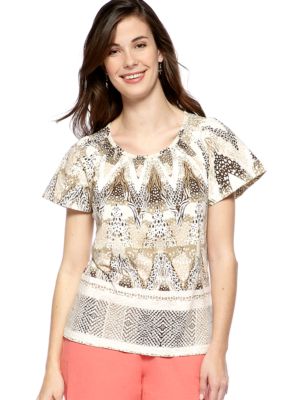 Kim Rogers Petite Short Sleeve Printed Peasant Top