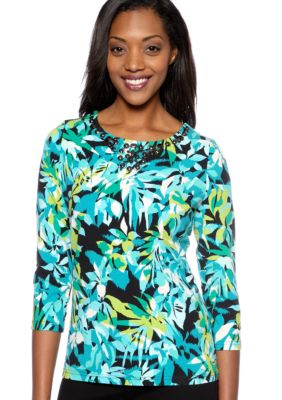 Kim Rogers Embellished U-Neck Printed Top