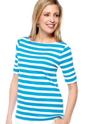 Kim Rogers Elbow Sleeve Stripe Printed Knit Top