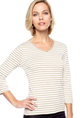 Kim Rogers Three Quarter Sleeve V-Neck Fun Stripe Top