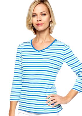 Kim Rogers Three Quarter Sleeve V-Neck Fun Stripe Top