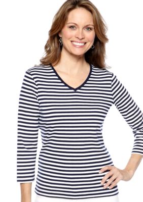 Kim Rogers&reg; Three Quarter Sleeve V-Neck Fun Stripe Top