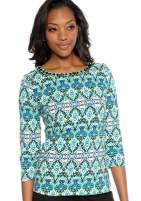 Kim Rogers Embellished Neck Print Top