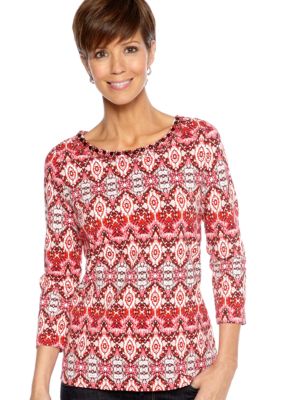 Kim Rogers Embellished Neck Print Top