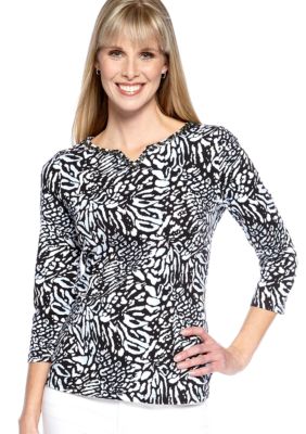 Kim Rogers Three Quarter Sleeve Embellished Neck Printed Tee