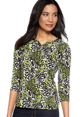 Kim Rogers Three Quarter Sleeve Embellished Neck Printed Tee