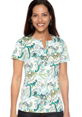 Kim Rogers Split Neck Paisley Print Tee
