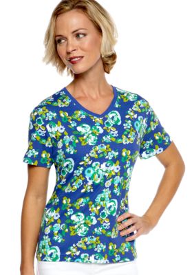 Kim Rogers Short Sleeve Interlock V-Neck Rose Print