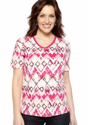 Kim Rogers Printed Short Sleeve Interlock V-Neck