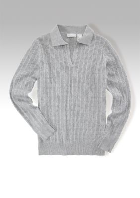 Kim Rogers&reg; Heathered Johnny Collar Cable Sweater