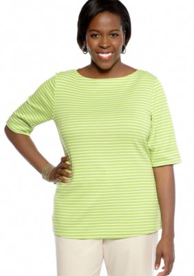 Kim Rogers Plus Size Striped Elbow Sleeve Boatneck Tee