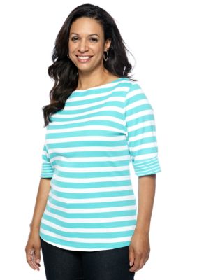 Kim Rogers Plus Size Stripe Elbow Sleeve Boatneck Knit Top