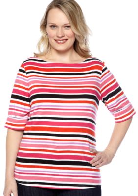 Kim Rogers Plus Size Stripe Elbow Sleeve Boatneck Knit Top