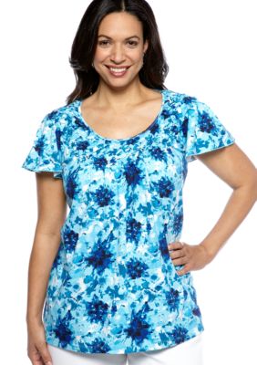 Kim Rogers Plus Size Floral Print Flutter Sleeve Woven Neck Top