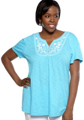 Kim Rogers&reg; Plus Size Embroidered Bib Short Sleeve Knit Top
