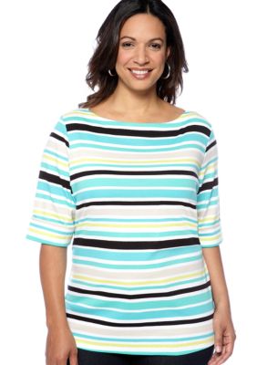 Kim Rogers Plus Size Stripe Elbow Sleeve Boatneck Knit Top