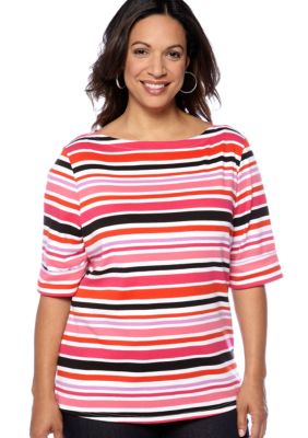 Kim Rogers Plus Size Stripe Elbow Sleeve Boatneck Knit Top