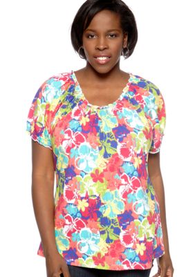 Kim Rogers Plus Size Printed Peasant Knit Top