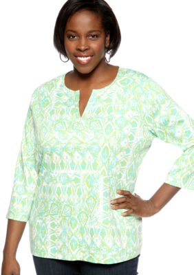 Kim Rogers&reg; Plus Size Woodblock Tribe Printed Split Neck Tee