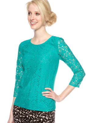 DKNYC Three Quarter Sleeve Lace Blouse with Satin Back
