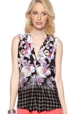 DKNYC Cap Sleeve Blouse with V-Neck Pleat