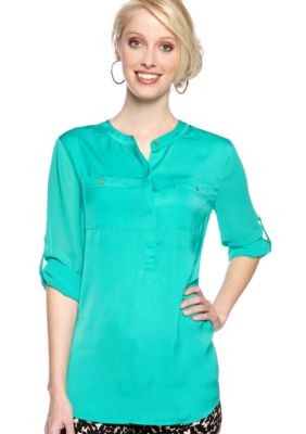 DKNYC Long Roll Sleeve Blouse with Chiffon Sleeves and Yoke