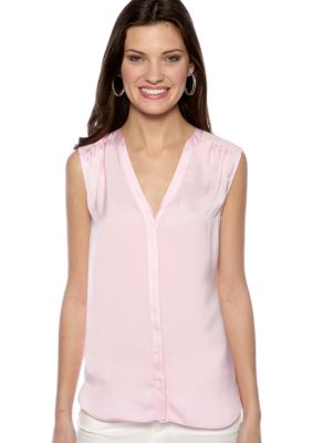 DKNYC Sleeveless Button Down Blouse with Chiffon Yoke