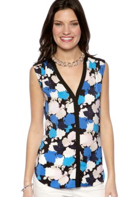 DKNYC Sleeveless Button Up Blouse with Chiffon Yoke