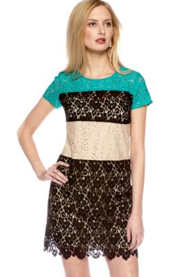 DKNYC Short Sleeve Color Block Dress with Scalloped Hemline