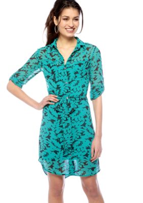 DKNYC Button Down Shirt Dress with Self Tie Belt