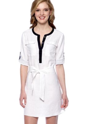 DKNYC Contrast Trim Linen Dress with Self Tie Belt
