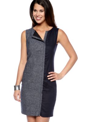 DKNYC Shift Dress with Contrast Panels and Front Zipper