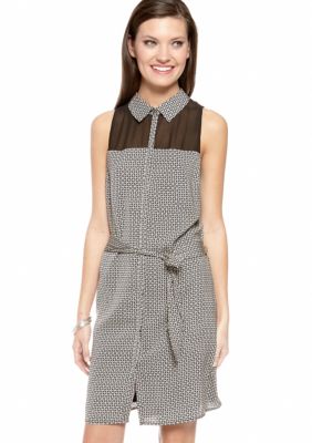 DKNYC Sleeveless Shirt Dress with Waistband and Chiffon Yoke