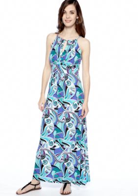 New Directions Petite Printed Halter Maxi Dress with Keyhole Neckline