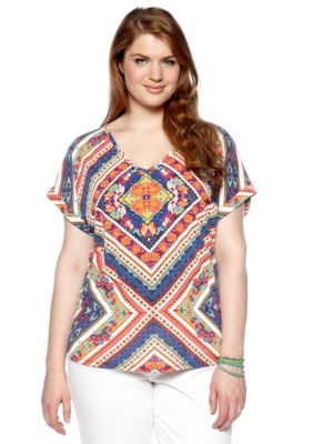 Eyeshadow Plus Size Floral Knit to Woven Tee