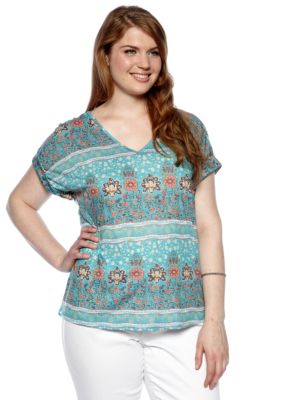 Eyeshadow Plus Size Floral Stripe Knit to Woven Tee