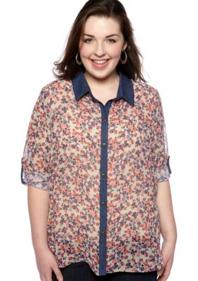 Eyeshadow Plus Size Denim Trim Utility Shirt