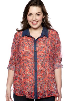 Eyeshadow Plus Size Denim Trim Utility Shirt